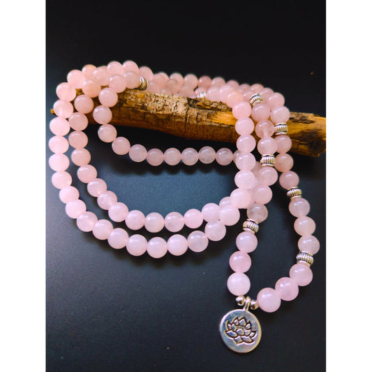 Beautiful Handmade Rose Quartz Natural Gemstone 108 Mala Yoga Prayer Beads Lotus Charm Wrap Bracelet/Necklace