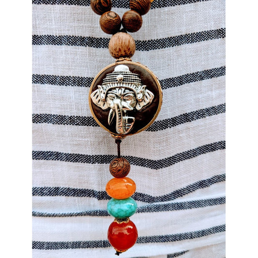 Gorgeous Brass Ethnic Handmade Mala Wood Beads Asian Elephant Pendant Necklace