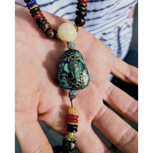 Gorgeous Brass Ethnic Handmade Mala Wood Beads Necklace Elephant Stone