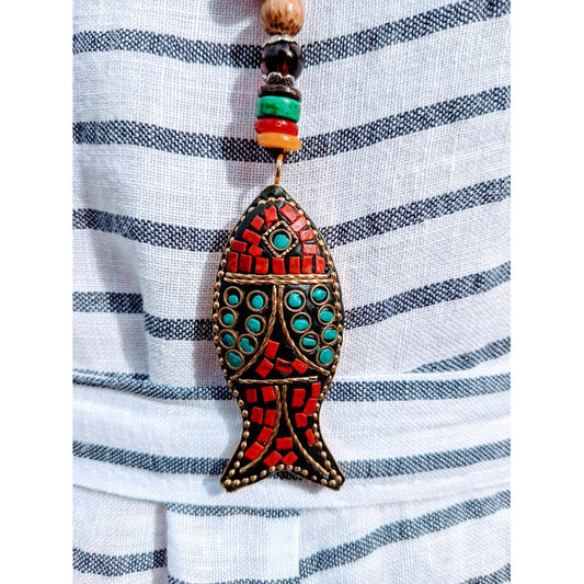 Gorgeous Brass Ethnic Handmade Colorful Buddhist Mala Wood Beads Fish Necklace